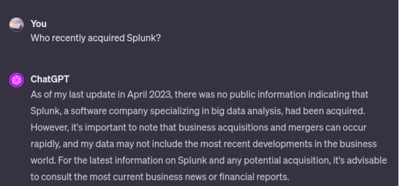 The result of asking ChatGPT a question about an acquisition that occurred in September 2023.